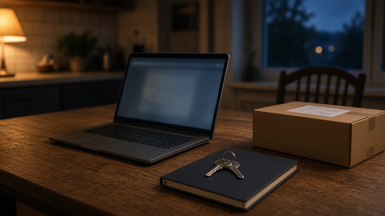 Company laptop open on a kitchen table at dusk, beside a return box and house keys