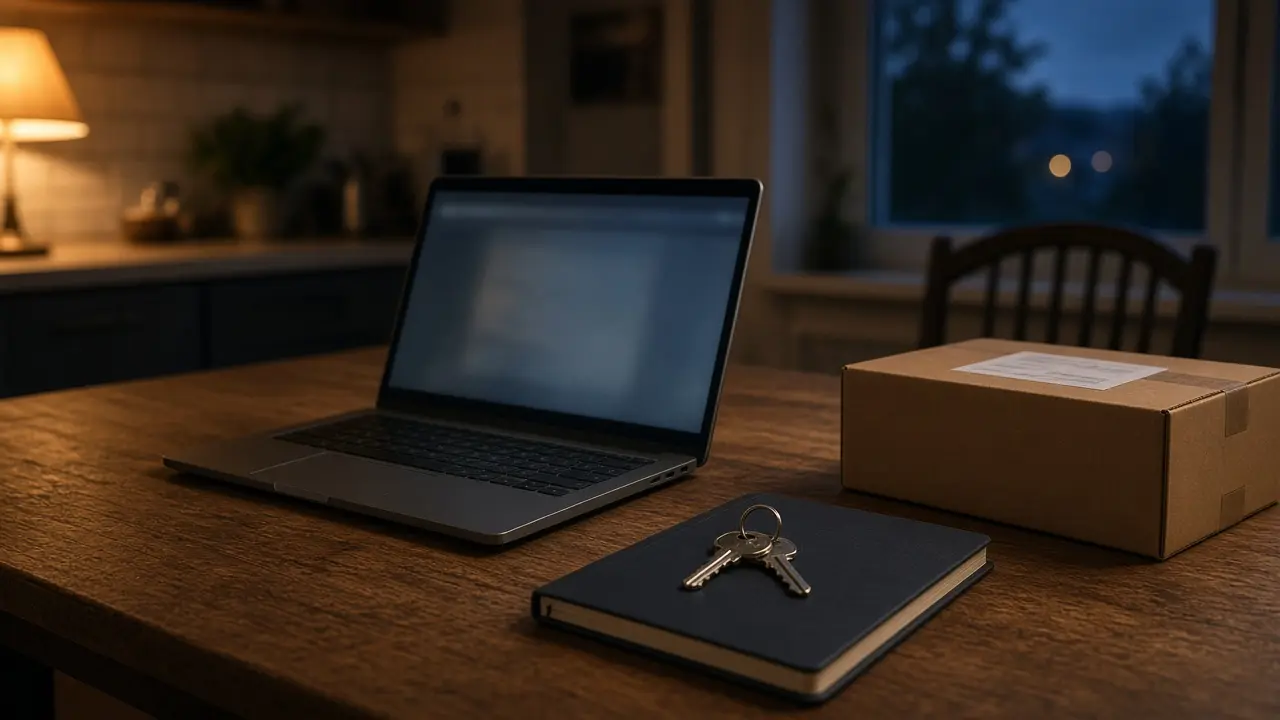 Company laptop open on a kitchen table at dusk, beside a return box and house keys